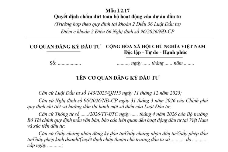 Quyết định chấm dứt toàn bộ hoạt động của dự án đầu tư (Mẫu I.2.17) mới nhất 2026 2 Quyết định chấm dứt toàn bộ hoạt động của dự án đầu tư (Mẫu I.2.17) mới nhất 2026