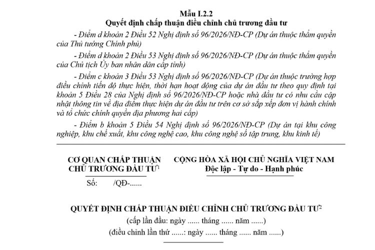 Quyết định chấp thuận điều chỉnh chủ trương đầu tư (Mẫu I.2.2) mới nhất 2026