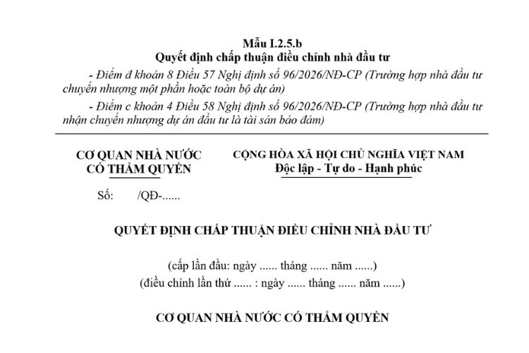 Quyết định chấp thuận điều chỉnh nhà đầu tư (Mẫu I.2.5.b) mới nhất 2026