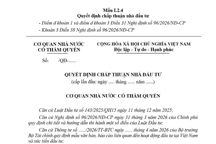 Quyết định chấp thuận nhà đầu tư (Mẫu I.2.4) mới nhất 2026