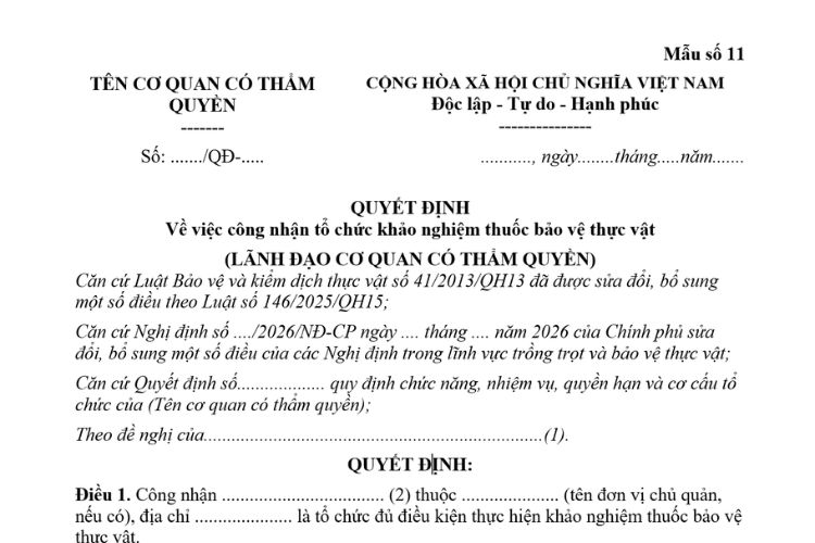 Quyết định công nhận tổ chức đủ điều kiện khảo nghiệm thuốc bảo vệ thực vật
