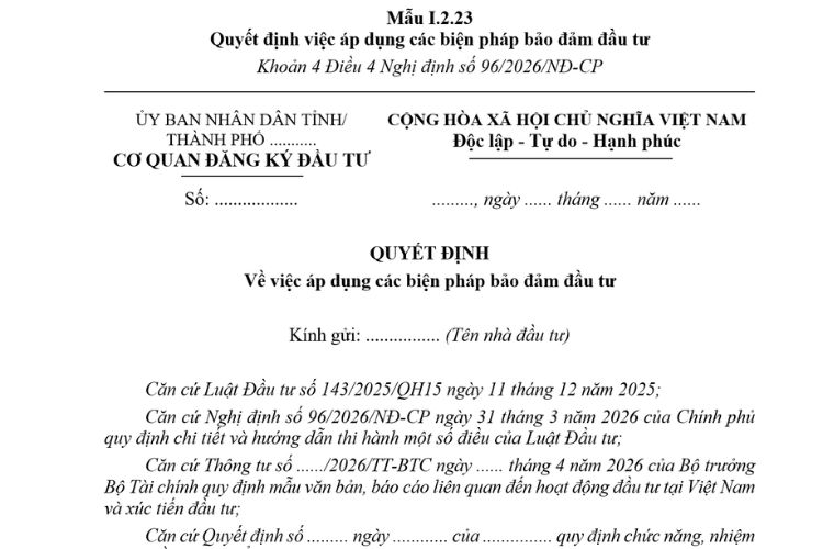 Quyết định việc áp dụng biện pháp bảo đảm đầu tư (Mẫu I.2.23) mới nhất 2026 2 Quyết định việc áp dụng biện pháp bảo đảm đầu tư (Mẫu I.2.23) mới nhất 2026