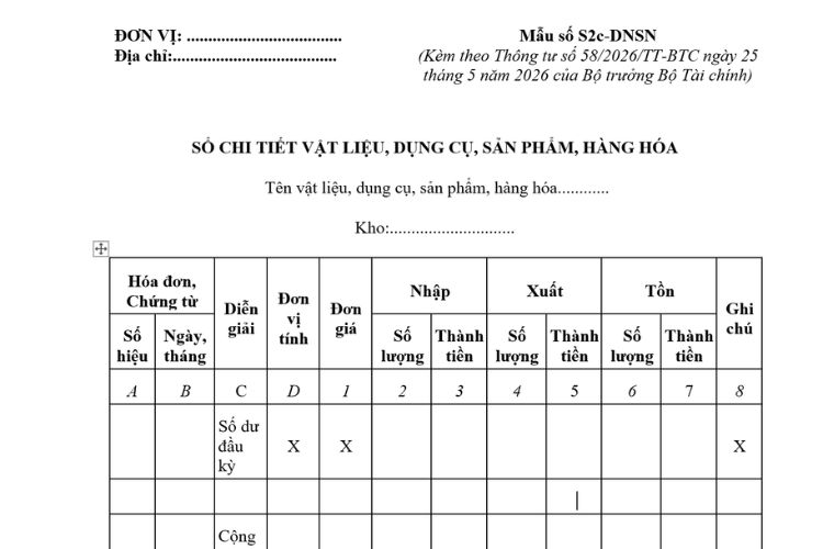 Sổ chi tiết vật liệu, dụng cụ, sản phẩm, hàng hóa (Mẫu số S2c-DNSN) theo Thông tư 58 2 Sổ chi tiết vật liệu, dụng cụ, sản phẩm, hàng hóa (Mẫu số S2c-DNSN) theo Thông tư 58