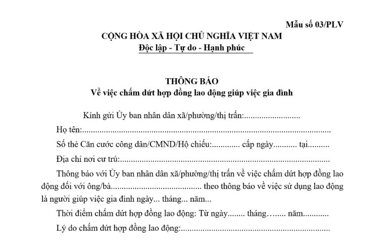 Thông báo về việc chấm dứt hợp đồng lao động giúp việc gia đình 2 Thông báo về việc chấm dứt hợp đồng lao động giúp việc gia đình