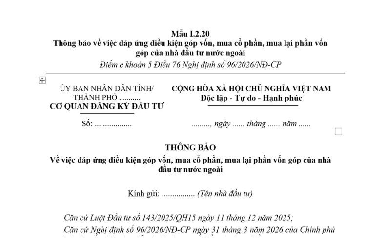 Thông báo về việc đáp ứng điều kiện góp vốn, mua cổ phần, mua lại phần vốn góp của nhà đầu tư nước ngoài (Mẫu I.2.20) mới nhất 2026