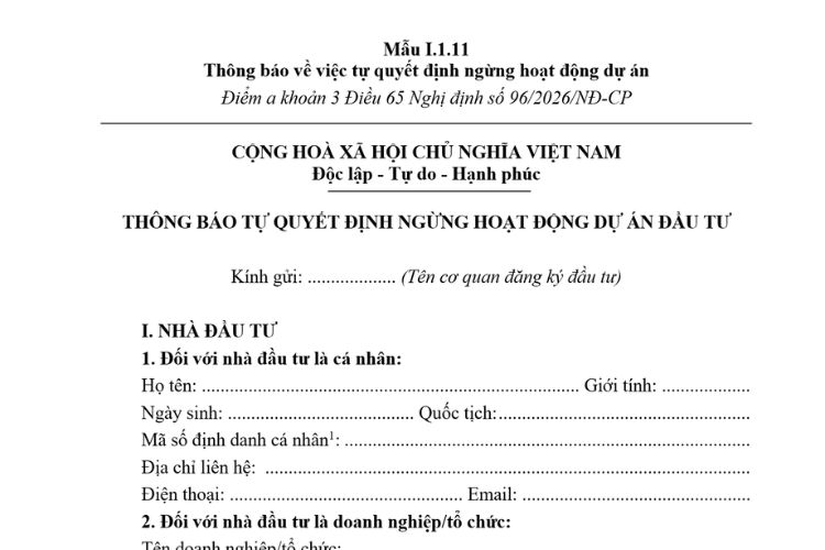 Thông báo về việc tự quyết định ngừng hoạt động dự án (Mẫu I.1.11) mới nhất 2026