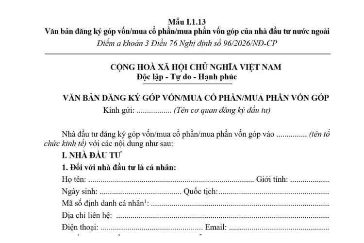 Văn bản đăng ký góp vốn/mua cổ phần/mua phần vốn góp của nhà đầu tư nước ngoài (Mẫu I.1.13) mới nhất 2026