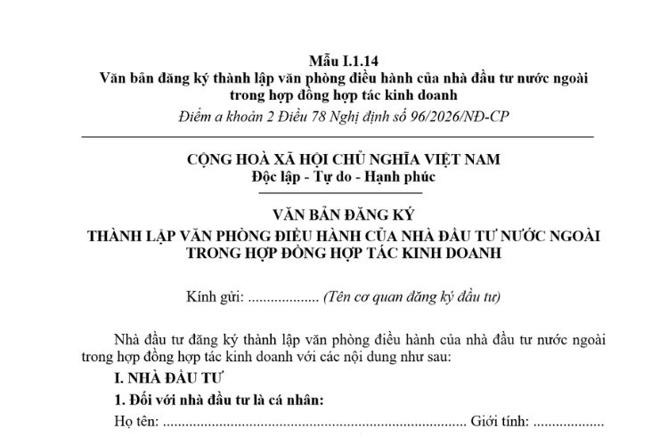 Văn bản đăng ký thành lập văn phòng điều hành của nhà đầu tư nước ngoài trong hợp đồng hợp tác kinh doanh (Mẫu I.1.14) mới nhất 2026
