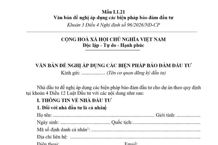 Văn bản đề nghị áp dụng các biện pháp bảo đảm đầu tư (Mẫu I.1.21) mới nhất 2026 2 Văn bản đề nghị áp dụng các biện pháp bảo đảm đầu tư (Mẫu I.1.21) mới nhất 2026