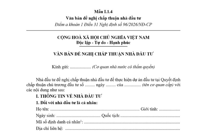 Văn bản đề nghị chấp thuận nhà đầu tư (Mẫu I.1.4) mới nhất 2026 2 Văn bản đề nghị chấp thuận nhà đầu tư (Mẫu I.1.4) mới nhất 2026