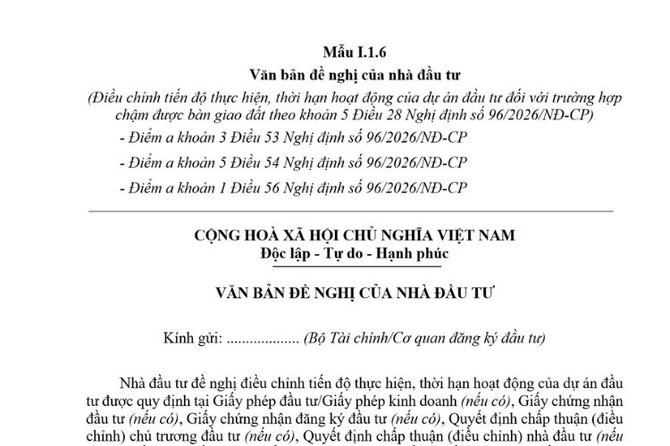 Văn bản đề nghị của nhà đầu tư (Mẫu I.1.6) mới nhất 2026 2 Văn bản đề nghị của nhà đầu tư (Mẫu I.1.6) mới nhất 2026