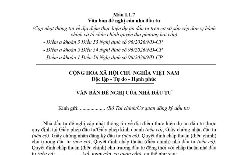 Văn bản đề nghị của nhà đầu tư (Mẫu I.1.7) mới nhất 2026 2 Văn bản đề nghị của nhà đầu tư (Mẫu I.1.7) mới nhất 2026