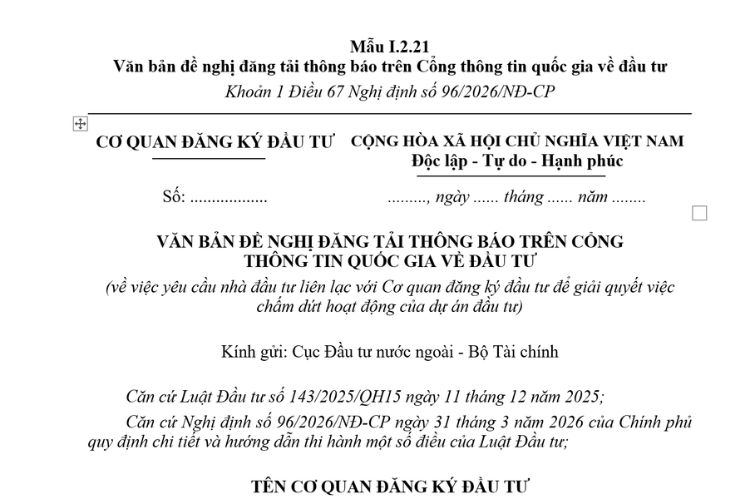 Thông báo từ chối cấp, điều chỉnh Quyết định chấp thuận chủ trương đầu tư, Quyết định chấp thuận nhà đầu tư, Giấy chứng nhận đăng ký đầu tư và các văn bản hành chính khác về đầu tư (Mẫu I.2.22) mới nhất 2026