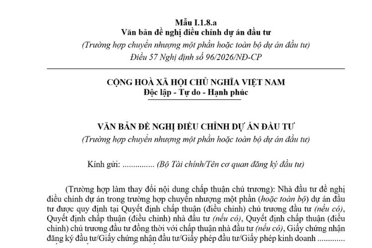 Văn bản đề nghị điều chỉnh dự án đầu tư (Mẫu I.1.8.a) mới nhất 2026