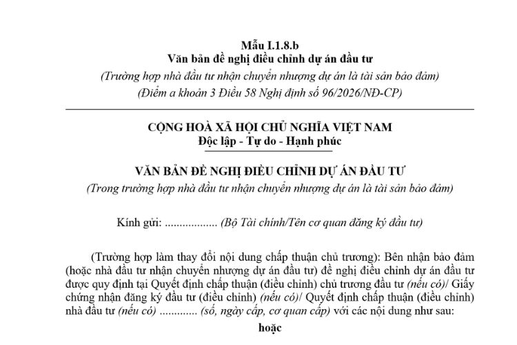 Văn bản đề nghị điều chỉnh dự án đầu tư (Mẫu I.1.8.b) mới nhất 2026