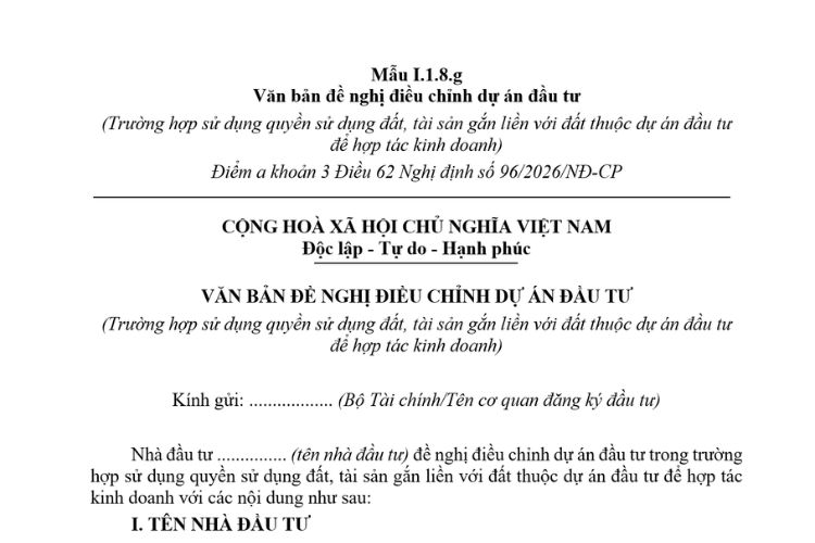Văn bản đề nghị điều chỉnh dự án đầu tư (Mẫu I.1.8.g) mới nhất 2026