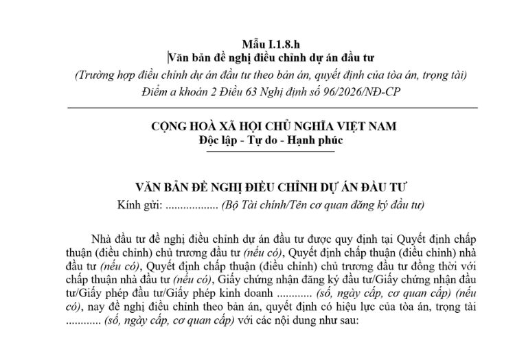 Văn bản đề nghị điều chỉnh dự án đầu tư (Mẫu I.1.8.h) mới nhất 2026