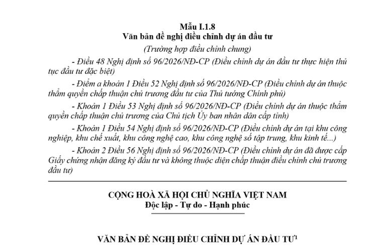 Văn bản đề nghị điều chỉnh dự án đầu tư (Mẫu I.1.8) mới nhất 2026