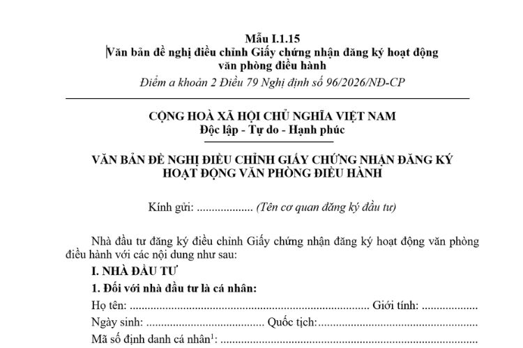 Văn bản đề nghị điều chỉnh Giấy chứng nhận đăng ký hoạt động văn phòng điều hành (Mẫu I.1.15) mới nhất 2026