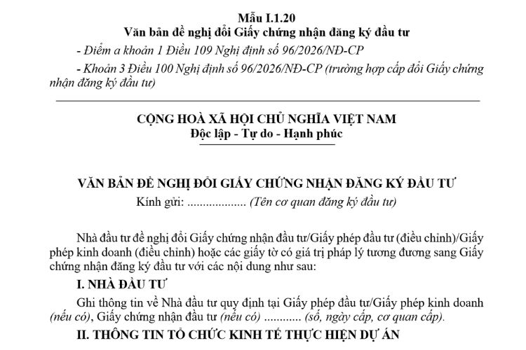 Văn bản đề nghị đổi Giấy chứng nhận đăng ký đầu tư (Mẫu I.1.20) mới nhất 2026