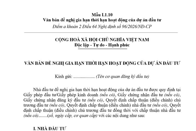 Văn bản đề nghị gia hạn thời hạn hoạt động của dự án đầu tư (Mẫu I.1.10) mới nhất 2026