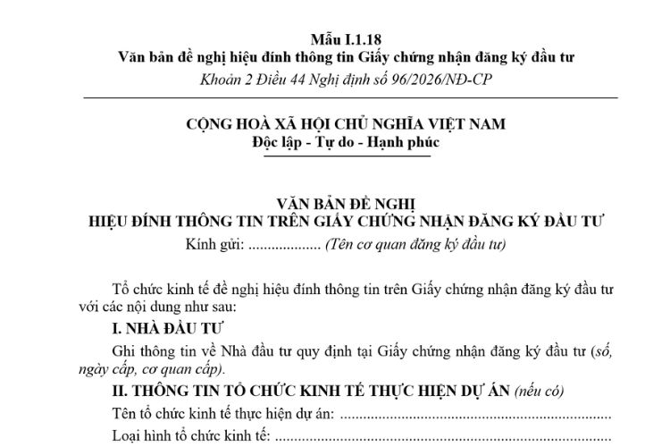 Văn bản đề nghị hiệu đính thông tin Giấy chứng nhận đăng ký đầu tư (Mẫu I.1.18) mới nhất 2026