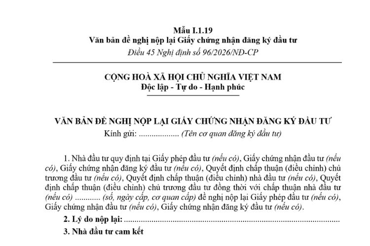 Văn bản đề nghị nộp lại Giấy chứng nhận đăng ký đầu tư (Mẫu I.1.19) mới nhất 2026