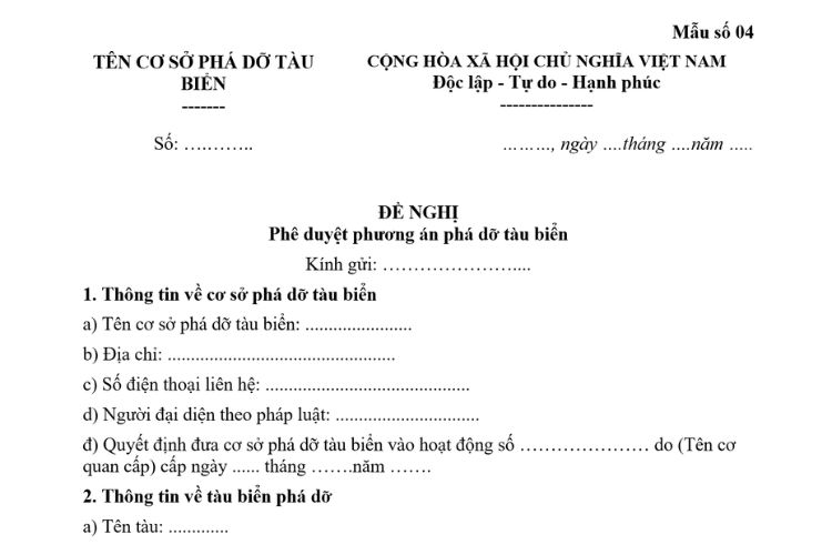 Văn bản đề nghị phê duyệt phương án phá dỡ tàu biển