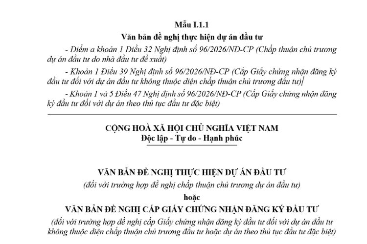 Văn bản đề nghị thực hiện dự án đầu tư (Mẫu I.1.1) mới nhất 2026 2 Văn bản đề nghị thực hiện dự án đầu tư (Mẫu I.1.1) mới nhất 2026