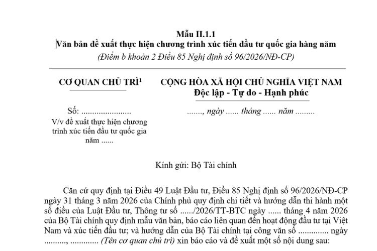Văn bản đề xuất thực hiện chương trình xúc tiến đầu tư quốc gia hàng năm (Mẫu II.1.1) mới nhất 2026