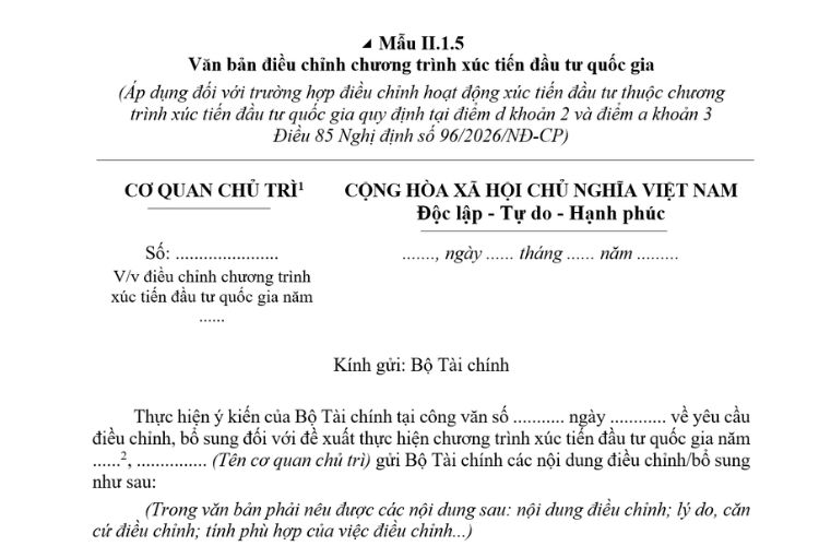 Văn bản điều chỉnh chương trình xúc tiến đầu tư quốc gia (Mẫu II.1.5) mới nhất 2026