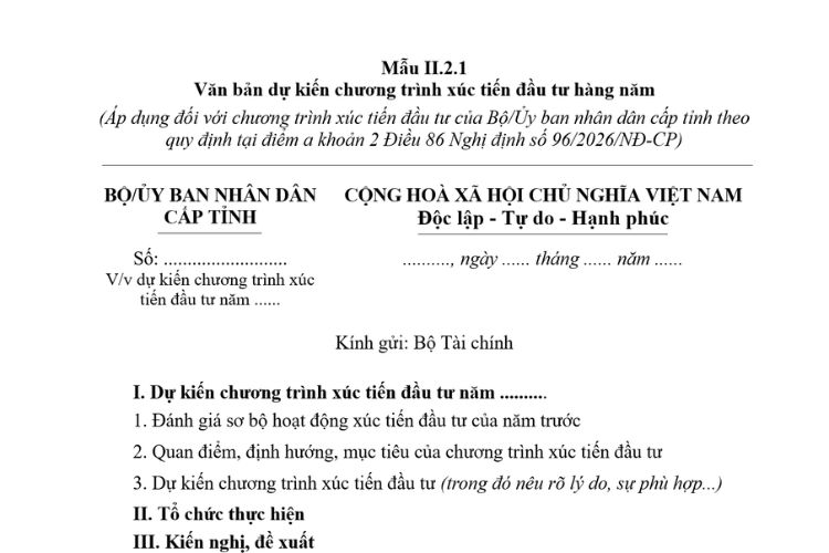 Văn bản dự kiến chương trình xúc tiến đầu tư hàng năm (Mẫu II.2.1) mới nhất 2026