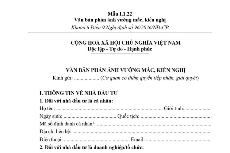 Văn bản phản ánh vướng mắc, kiến nghị (Mẫu I.1.22) mới nhất 2026