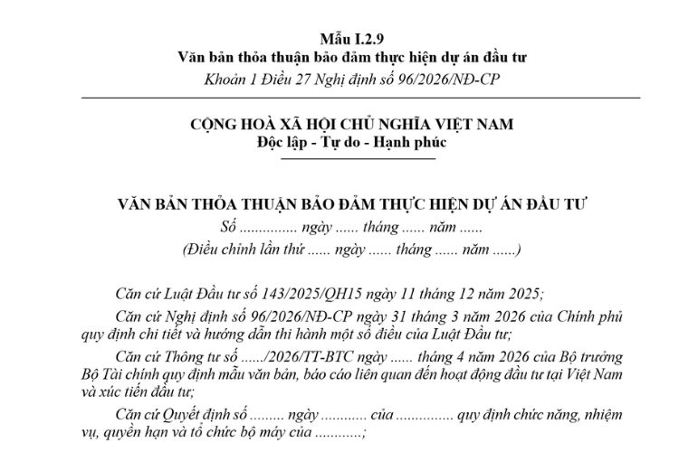 Văn bản thỏa thuận ký quỹ bảo đảm thực hiện dự án đầu tư (Mẫu I.2.9) mới nhất 2026