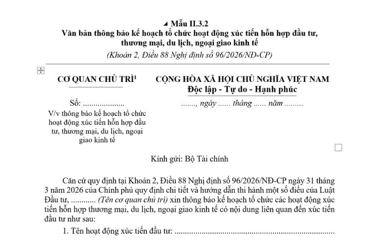 Văn bản thông báo kế hoạch tổ chức hoạt động xúc tiến hỗn hợp đầu tư, thương mại, du lịch, ngoại giao kinh tế (Mẫu II.3.2) mới nhất 2026
