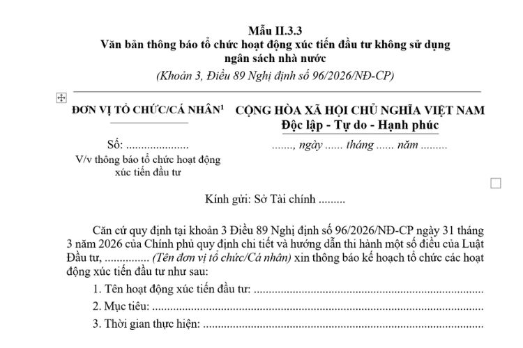 Văn bản thông báo tổ chức hoạt động xúc tiến đầu tư không sử dụng ngân sách nhà nước (Mẫu II.3.3) mới nhất 2026