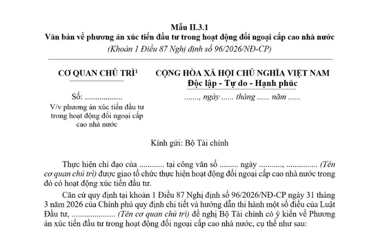 Văn bản về phương án xúc tiến đầu tư trong hoạt động đối ngoại cấp cao nhà nước (Mẫu II.3.1) mới nhất 2026