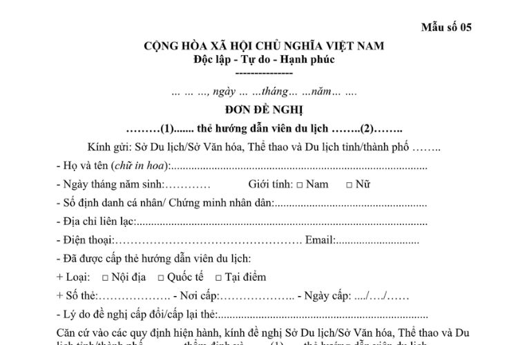 Đơn đề nghị cấp đổi/cấp lại thẻ hướng dẫn viên du lịch 2 Đơn đề nghị cấp đổi/cấp lại thẻ hướng dẫn viên du lịch