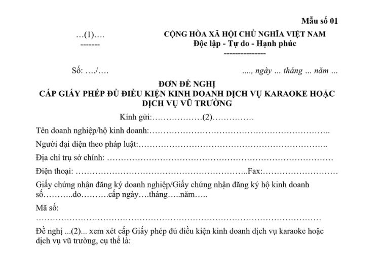 Đơn đề nghị cấp Giấy phép đủ điều kiện kinh doanh dịch vụ karaoke hoặc dịch vụ vũ trường 2 Đơn đề nghị cấp Giấy phép đủ điều kiện kinh doanh dịch vụ karaoke hoặc dịch vụ vũ trường