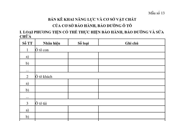 Mẫu Bản kê khai năng lực cơ sở vật chất của cơ sở bảo hành, bảo dưỡng ô tô