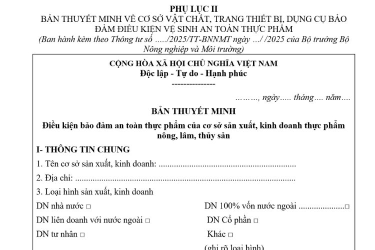 Mẫu Bản thuyết minh về cơ sở vật chất, trang thiết bị, dụng cụ bảo đảm điều kiện vệ sinh an toàn thực phẩm