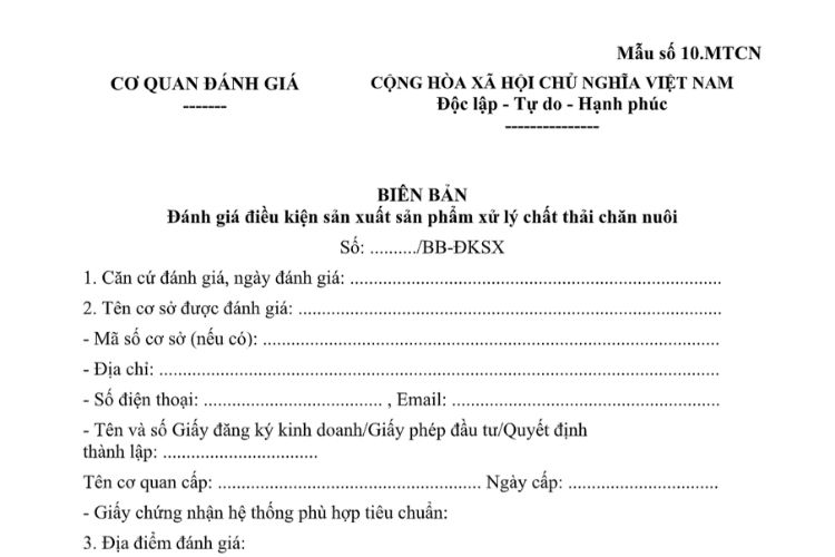 Mẫu Biên bản đánh giá điều kiện cơ sở sản xuất sản phẩm xử lý chất thải chăn nuôi