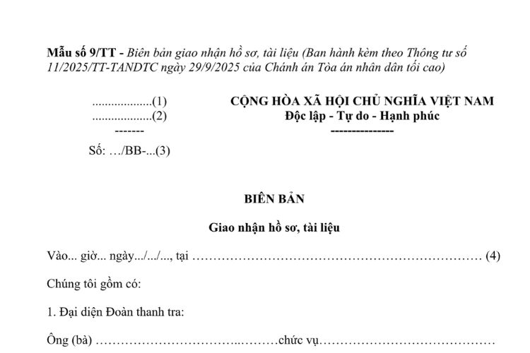 Mẫu Biên bản giao nhận hồ sơ, tài liệu (đối với hoạt động thanh tra trong Tòa án nhân dân)