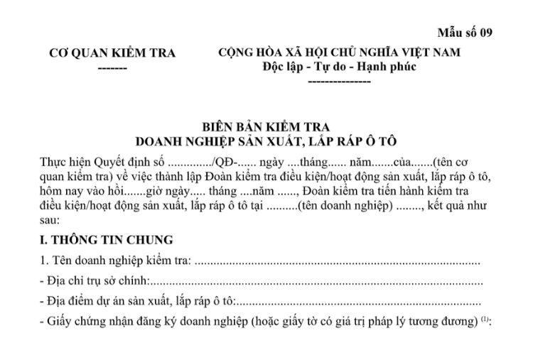 Mẫu Biên bản kiểm tra doanh nghiệp sản xuất, lắp ráp ô tô