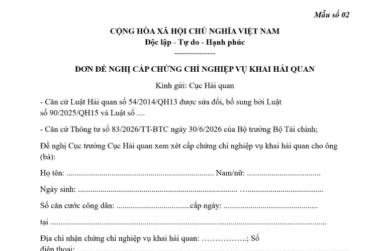 Mẫu Đơn đề nghị cấp Chứng chỉ nghiệp vụ khai hải quan 2 Mẫu Đơn đề nghị cấp Chứng chỉ nghiệp vụ khai hải quan