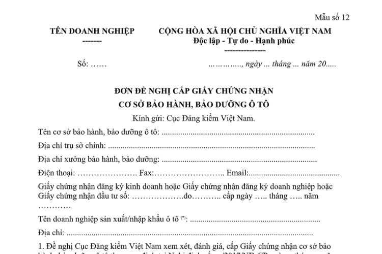Mẫu Đơn đề nghị cấp Giấy chứng nhận cơ sở bảo hành, bảo dưỡng ô tô