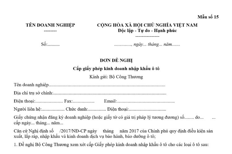 Mẫu Đơn đề nghị cấp Giấy phép kinh doanh nhập khẩu ô tô