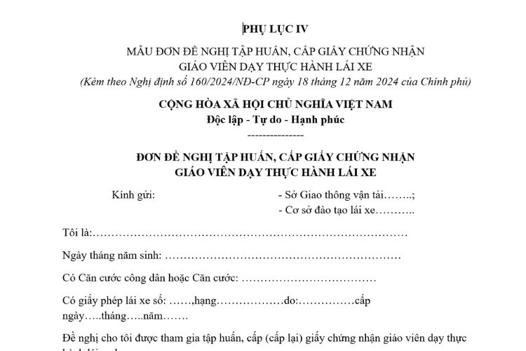 Mẫu Đơn đề nghị tập huấn, cấp giấy chứng nhận giáo viên dạy thực hành lái xe 2 Mẫu Đơn đề nghị tập huấn, cấp giấy chứng nhận giáo viên dạy thực hành lái xe