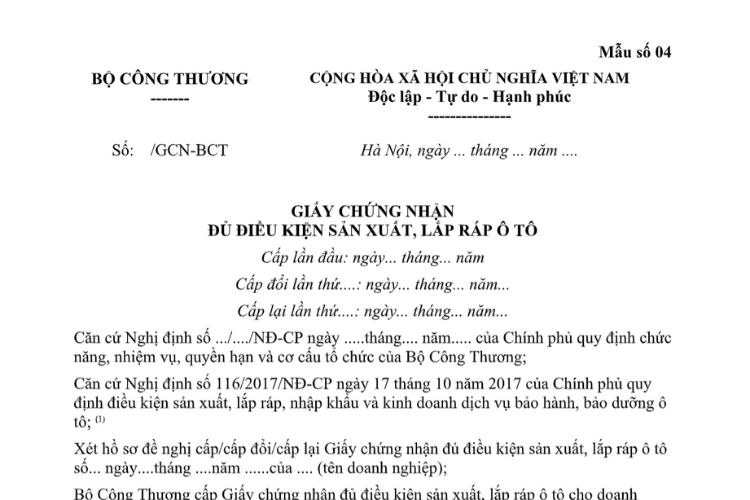 Mẫu Giấy chứng nhận đủ điều kiện sản xuất, lắp ráp ô tô 2 Mẫu Giấy chứng nhận đủ điều kiện sản xuất, lắp ráp ô tô