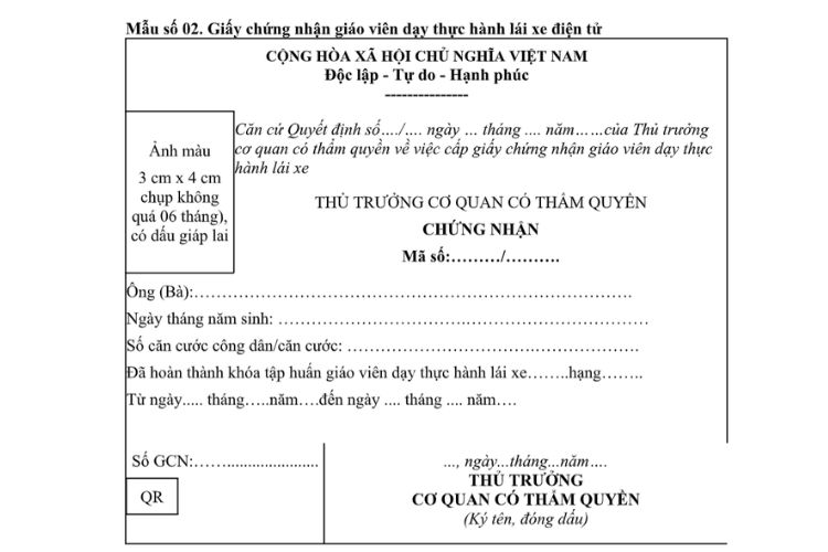 Mẫu Giấy chứng nhận giáo viên dạy thực hành lái xe điện tử 2 Mẫu Giấy chứng nhận giáo viên dạy thực hành lái xe điện tử